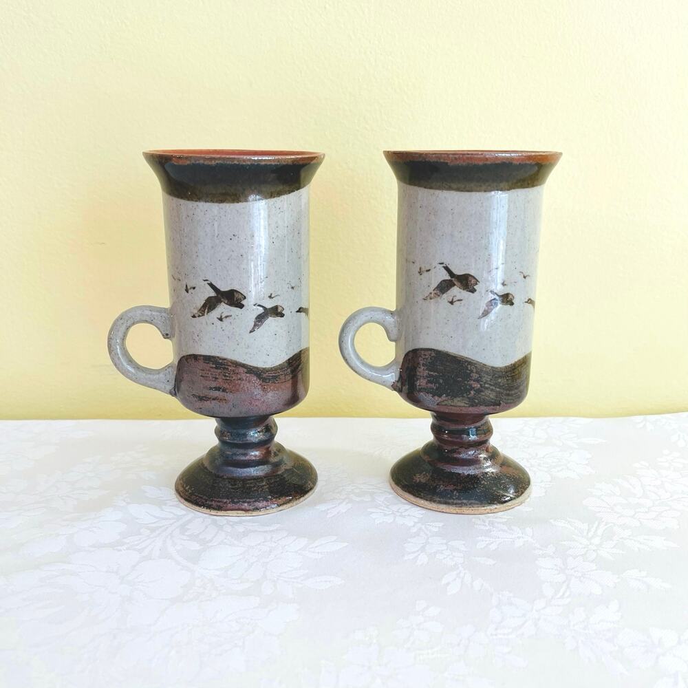 Vtg Otagiri Irish Coffee Mugs Studio Art Pottery Bird Geese Footed Tea Mug
